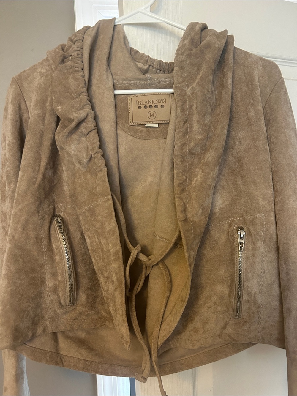 Blank NYC Suede Hooded Jacket in Taupe Brown
